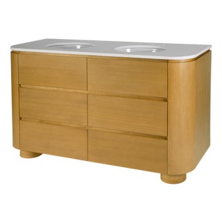 Genoa 60. in. W Rectangular Wood & Quartz 4 Drawer Double Sink Bathroom Vanity, Light Oak For Sale