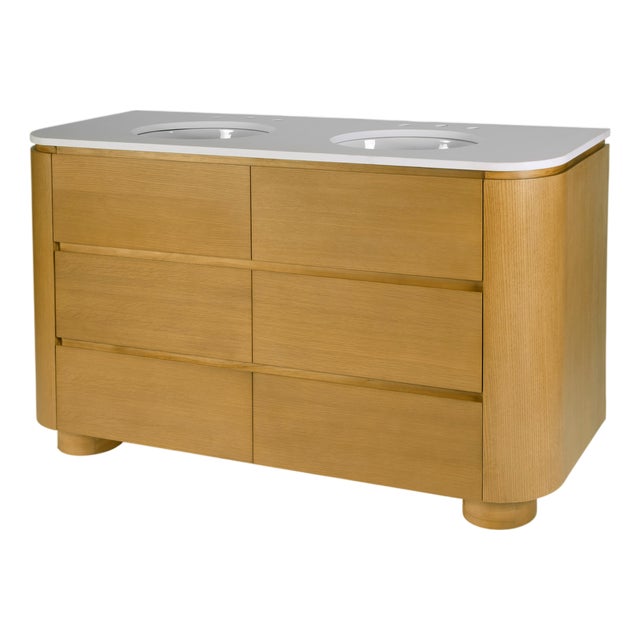 Genoa 60. in. W Rectangular Wood & Quartz 4 Drawer Double Sink Bathroom Vanity, Light Oak For Sale