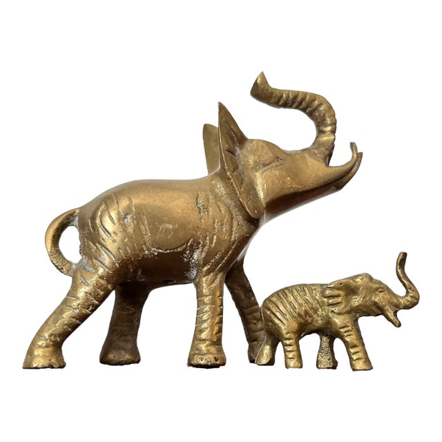 Mid Century Brass Elephants Pair Trunks Up Good Luck Baby & Parent Set of 2 For Sale
