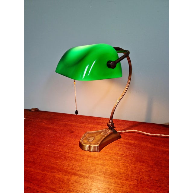 Articulated Brass Bankers Lamp with Green Opaline Shade, 1920s For Sale - Image 10 of 18