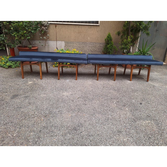 Bench in Light Wood with Electric Blue Velvet Seat, 1960s For Sale - Image 17 of 18
