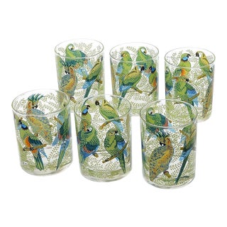 1970s Neiman Marcus Tropical Parrots Tumbler Glasses - Set of 6 For Sale