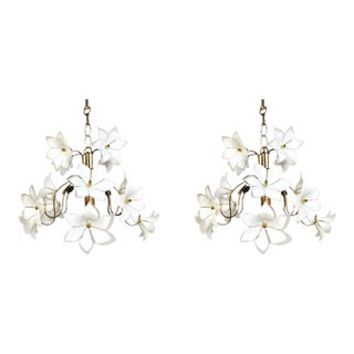 Vintage Murano Style Glass Flower Chandelier, White Floral Ceiling Light, Italian Romantic Bedroom Lighting - a Pair For Sale