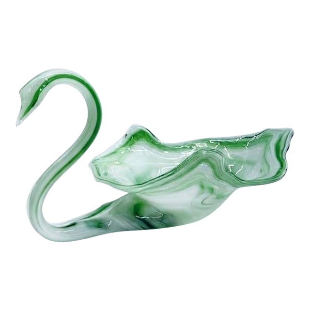 Mid-Century Murano-Style Green Slag Glass Swan Figural Bowl For Sale