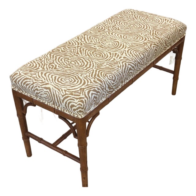 Vintage Faux Bamboo Wood Bench Newly Upholstered Quadrille Fabric For Sale