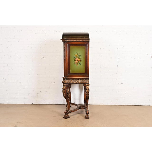 Berkey & Gay Style Antique English Jacobean Carved Walnut Hand Painted Bookcase or Bar Cabinet, Circa 1920s For Sale - Image 12 of 14