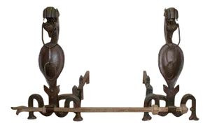 Antique Andirons - Folk Art With Chain Mouthed Griffins and Cross Bracket Poker - A Pair