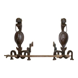 Antique Folk Art Andirons With Chain Mouthed Griffins and Cross Bracket Poker - A Pair For Sale