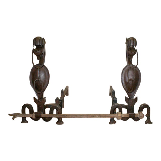 Antique Folk Art Andirons With Chain Mouthed Griffins and Cross Bracket Poker - A Pair For Sale