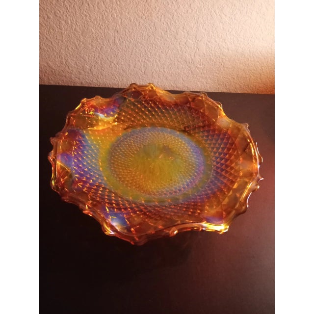 Vintage Indiana Iridescent Marigold Carnival Glass Crimped Platter For Sale In Dallas - Image 6 of 8