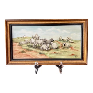Vintage painting of sheep in a meadow, painted on a porcelain tile/substrate // soft pastel colors // elegant brushwork // signed and framed For Sale