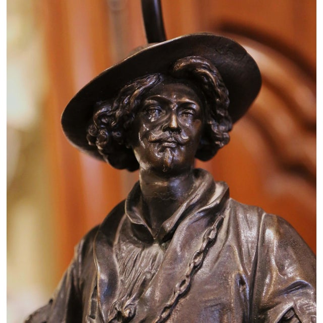 Pair of 19th Century French Renaissance Spelter Figural Table Lamps With Shades For Sale - Image 9 of 17