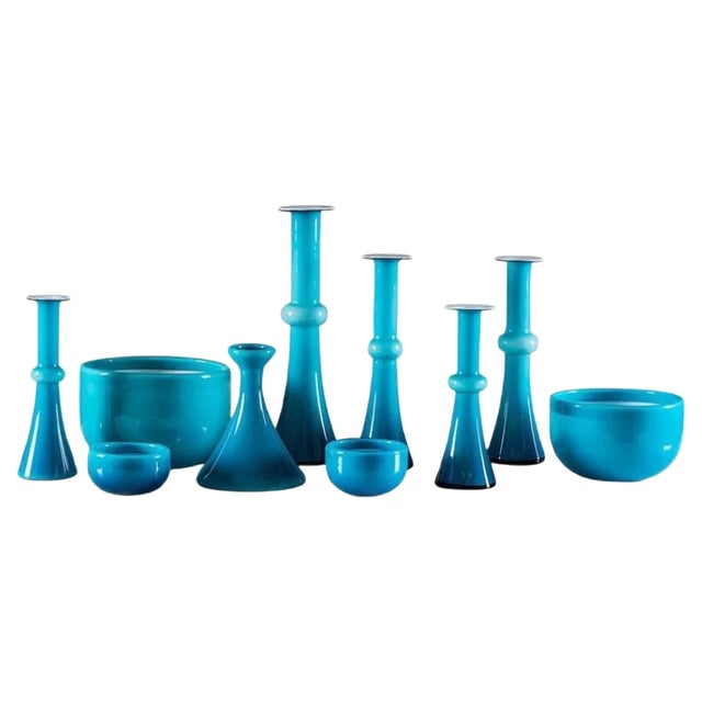 Vintage Scandinavian Blue Glass Vessels by Per Lutken for Holmegaard, Set of 10 For Sale