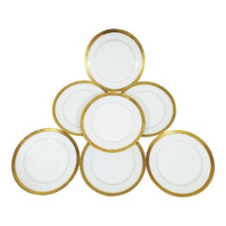 Set of 7 French 20th C White & Gilt Border Limoges Porcelain Dessert Plates For Sale