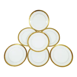 Set of 7 French 20th C White & Gilt Border Limoges Porcelain Dessert Plates