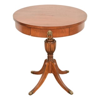 Baker Furniture Style Georgian Carved Walnut Pedestal Drum Side Table or Tea Table, Circa 1960s For Sale