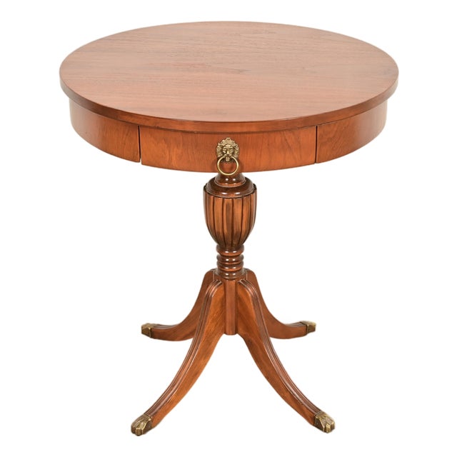 Baker Furniture Style Georgian Carved Walnut Pedestal Drum Side Table or Tea Table, Circa 1960s For Sale