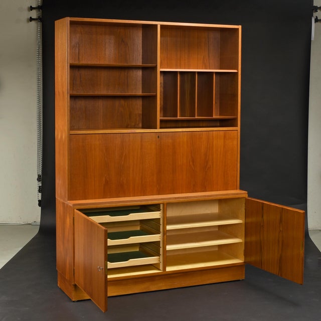 Brown Poul Hundevad Teak Two-Piece Cabinet, Bookcase & Drop-Front Secretary, Denmark For Sale - Image 8 of 16