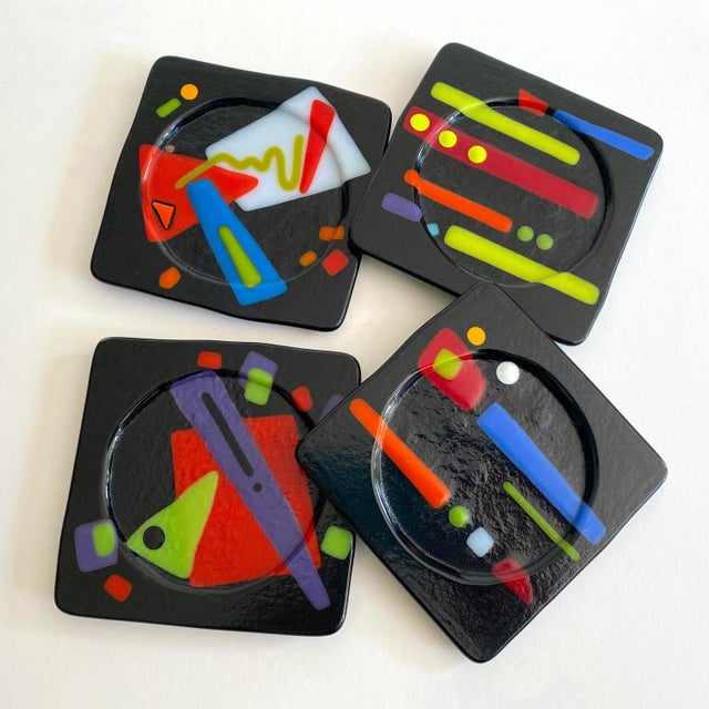Vintage 1980's Postmodern Studio Fused Art Glass Multicolor Abstract Coasters - Set of 4 For Sale - Image 10 of 12