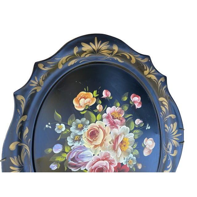Large Vintage Mid-Century Hand-Painted Floral & Black Tea Tray For Sale - Image 4 of 4