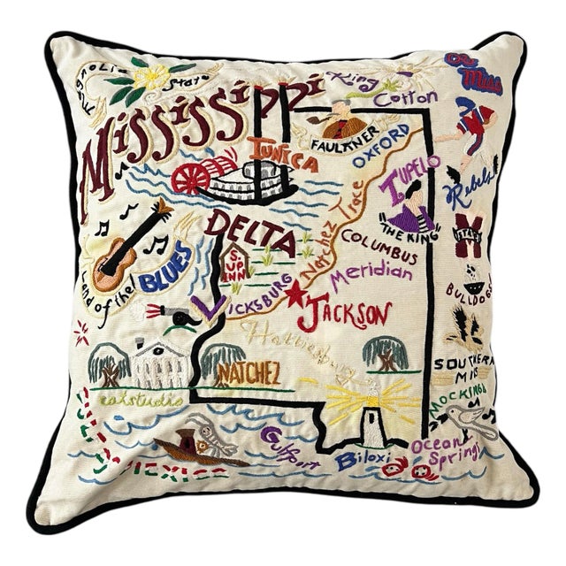 Vintage Catstudio 2003 Mississippi Embroidered Decorative Pillow For Sale