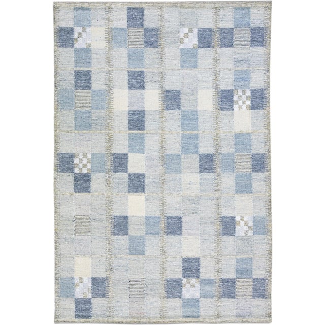 Modern Scandinavian Blue and Gray Handmade Geometric Room SizeWool Rug For Sale - Image 10 of 10
