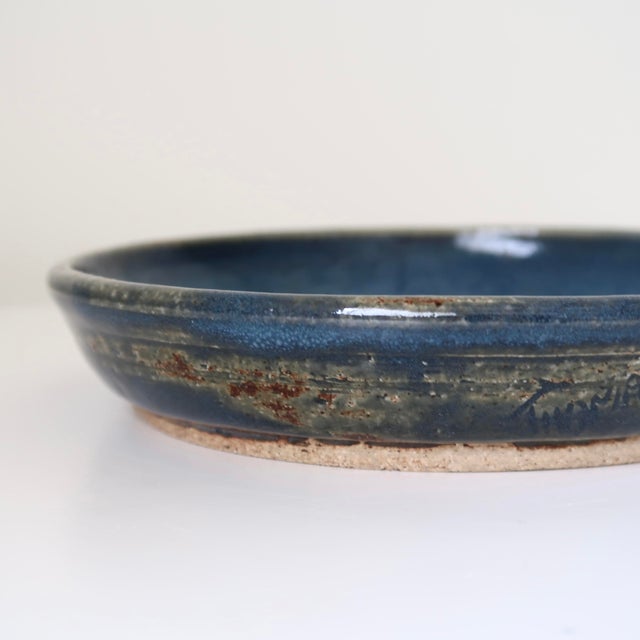 Signed Studio Pottery Ceramic Colander Dish in Mottled Blue Glaze For Sale - Image 12 of 15