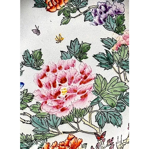 1930s Beautiful Old Famille Rose Chinese Macau Export Porcelain Plates With Peonies & Butterflies, Octagonal Scalloped Form, a Pair For Sale - Image 5 of 7