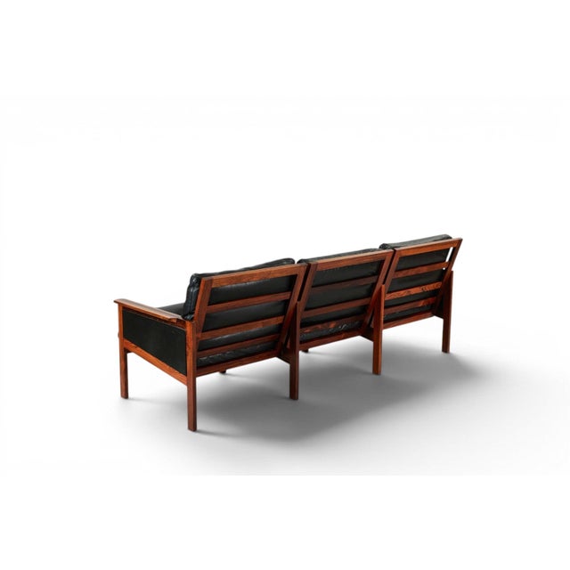 Mid-Century Modern Mid 20th Century Attributed to Illum Wikkelso Capella Three Seat Sofa in Rosewood + Black Leather For Sale - Image 3 of 4