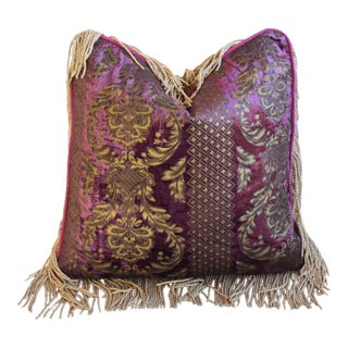 Lavender French Velvet Feather/Down Pillow W/ Gold Fringe 23" Square For Sale