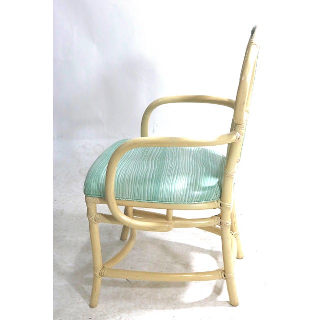 Mid-Century Modern Willow & Reed Rattan Bamboo Armchairs in Brunschwig & Fils Upholstery - a Pair For Sale In West Palm - Image 6 of 7