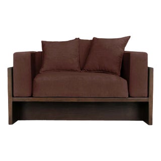 Smoked Oak & Maroon Fabric Chaplin Lounge Chair by Collector For Sale