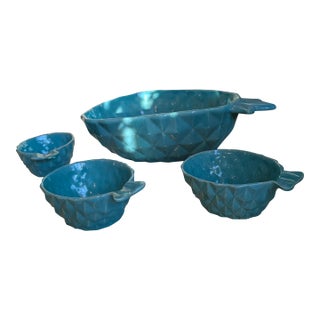 1950s Red Wing Pottery Aqua Turquoise Pineapple Large Serving Dish and 3 Small Serving Bowls For Sale