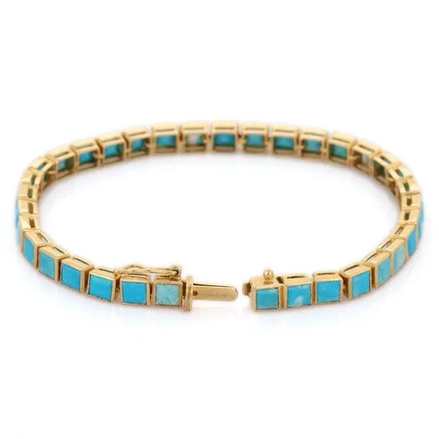 18k Yellow Gold Natural Square Cut 10.15 Ct Turquoise Tennis Bracelet For Sale - Image 4 of 5