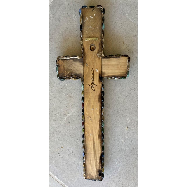 Wood Late 20th-Century Mosaic-Style Faux "Jeweled" Stone, Glass & Wood Cross Wall Hanging For Sale - Image 7 of 16