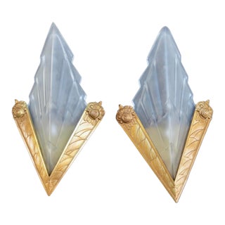 1930s Art Deco Deguge Art Deco Frosted Glass Sconces Gilt Bronze Mounts - Pair For Sale