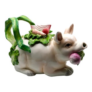 Vintage Fitz & Floyd "French Market" Ceramic Pig Teapot – Whimsical Country Majolica Style For Sale