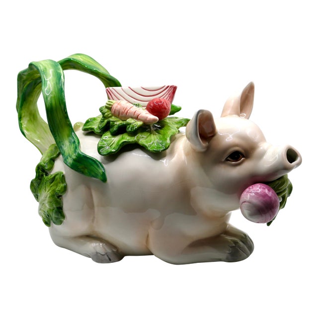 Vintage Fitz & Floyd "French Market" Ceramic Pig Teapot – Whimsical Country Majolica Style For Sale