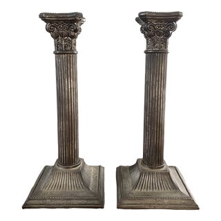 Mid 20th Century Silver Corinthian Column Candlesticks - a Pair For Sale