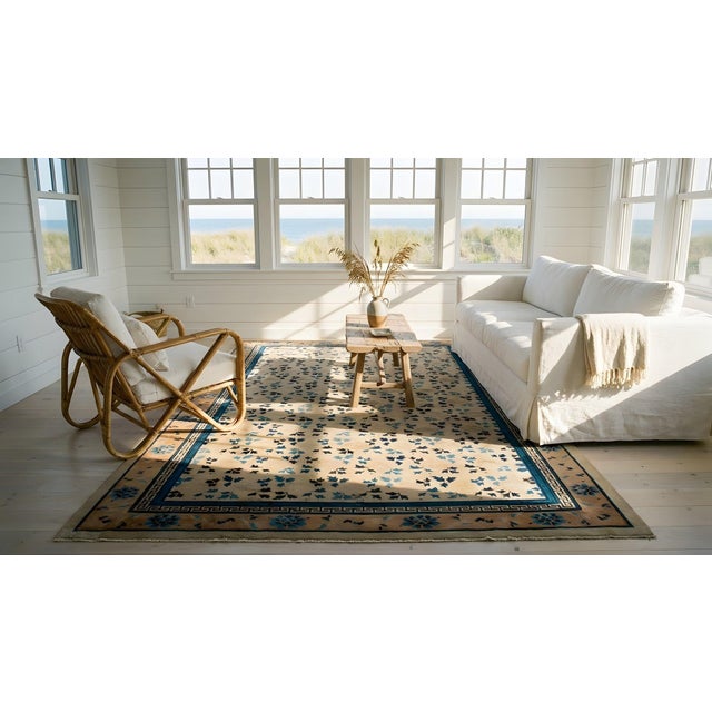Majestic Ivory and Blue Color With Leaves and Flower Design Antique Chinese Peking Rug For Sale - Image 9 of 9