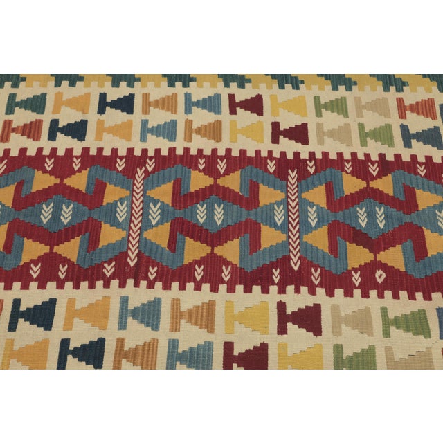 Beige 1970s Boho Style Turkish Vintage Geometric Design Handmade Oushak Kilim Rug For Sale - Image 8 of 13
