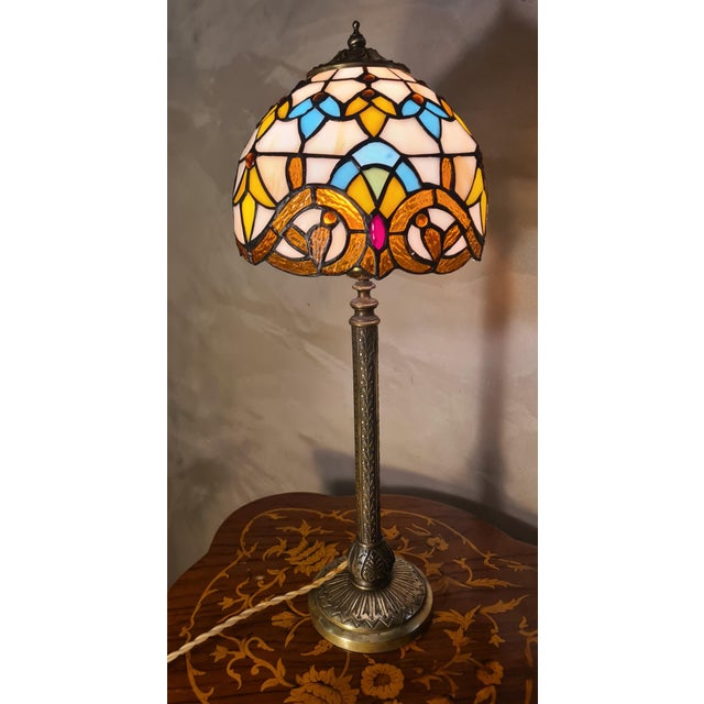 Antique Chiseled Bronze Table Lamp with Stained Glass Lampshade, 1900 For Sale - Image 10 of 10