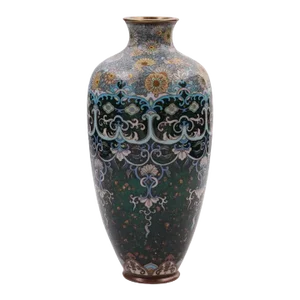 Large Antique Meiji Japanese Cloisonne Green Goldstone Enamel Millefiori Mask Vase