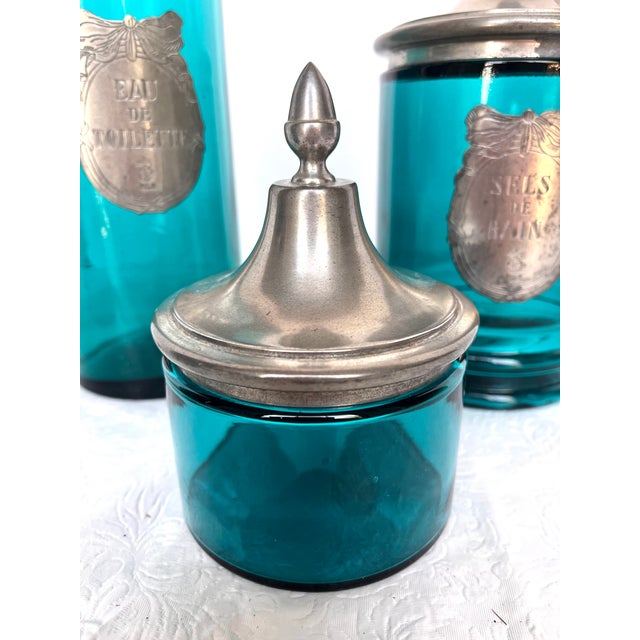 Turquoise French Apothecary Glass/Pewter Bath Jar Set For Sale - Image 8 of 15