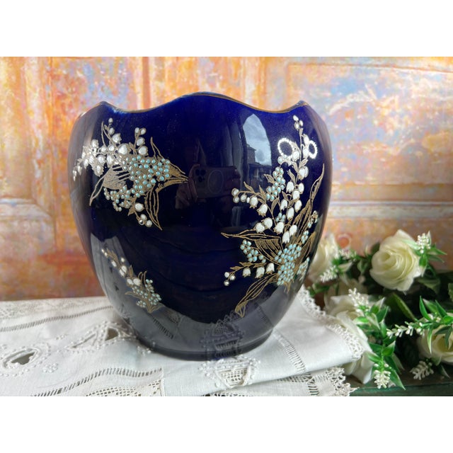 Antique French Cobalt Blue Faience Cache Pot, 1890s For Sale - Image 13 of 13