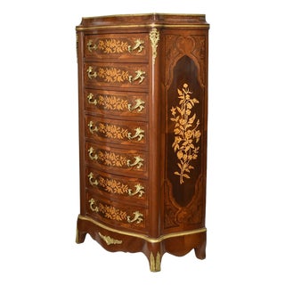 1960s French Style Mahogany 7 Drawer Chest of Drawers Satinwood Inlay Brass Handles For Sale