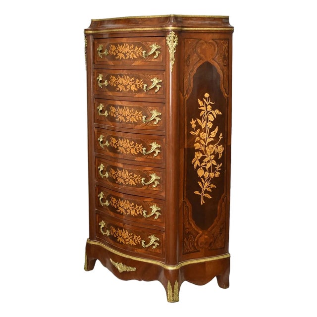 1960s French Style Mahogany 7 Drawer Chest of Drawers Satinwood Inlay Brass Handles For Sale
