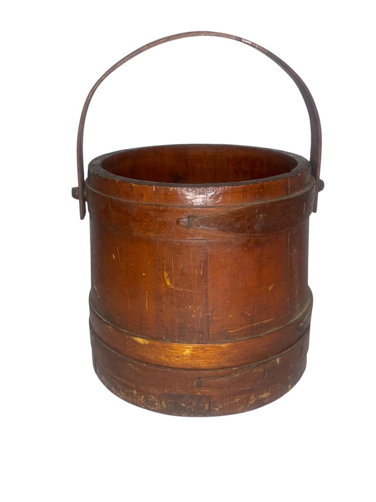 Antique Primitive Wood Firkin Staved Bucket Iron Bail Handle