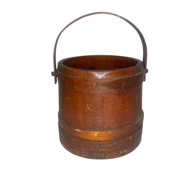 Late 19th Century Antique Primitive Wood Firkin Staved Bucket Iron Bail Handle Victorian Decoupage For Sale - Image 5 of 10
