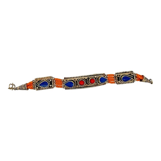 1950s Moroccan Tribal Silver Bracelet With Blue, Red, and Orange Stones For Sale